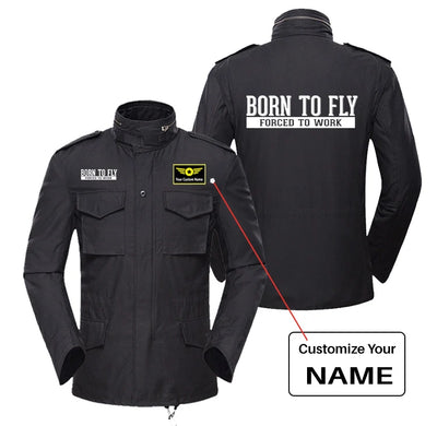 Born To Fly Forced To Work aviation design printed on heavy cotton coat with field details military coat.