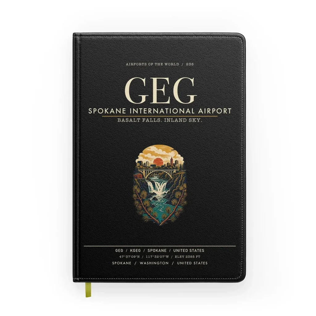 Spokane International Airport (GEG) design on black notebook