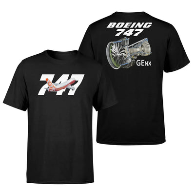 Boeing 747-8 & GENX Engine aviation design printed on soft cotton double-side print T-shirt.