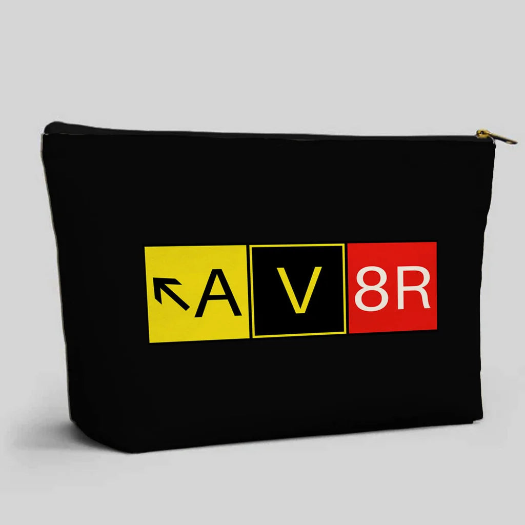 AV8R aviation design zipper pouch, durable polyester construction.