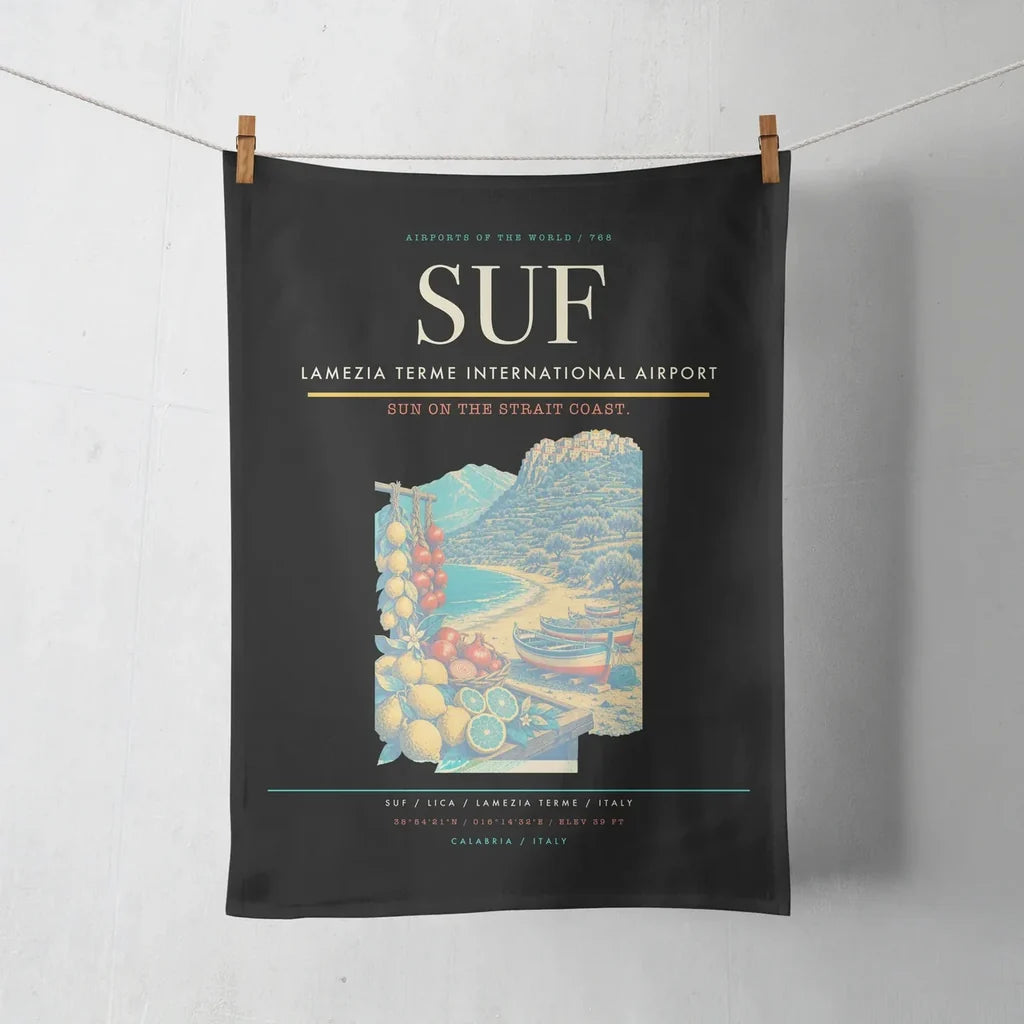 Lamezia Terme International Airport (SUF) design on black towel