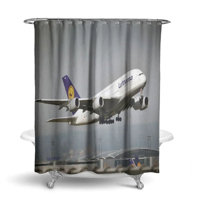 Departing Lufthansa's A380 aviation design on waterproof polyester shower curtain.