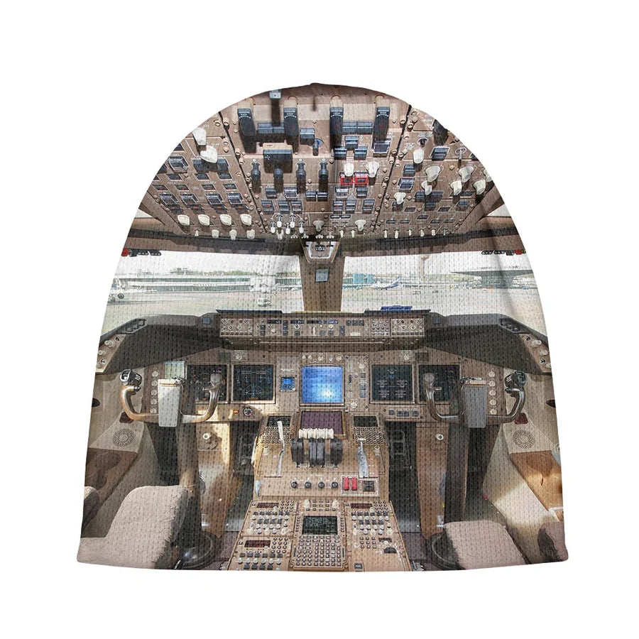 Boeing 747 Cockpit aviation embroidery on soft knit fabric 3D knit beanie.