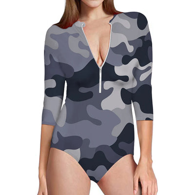 Military Camouflage Army Gray aviation design on stretch swim fabric deep-V swim bodysuit.