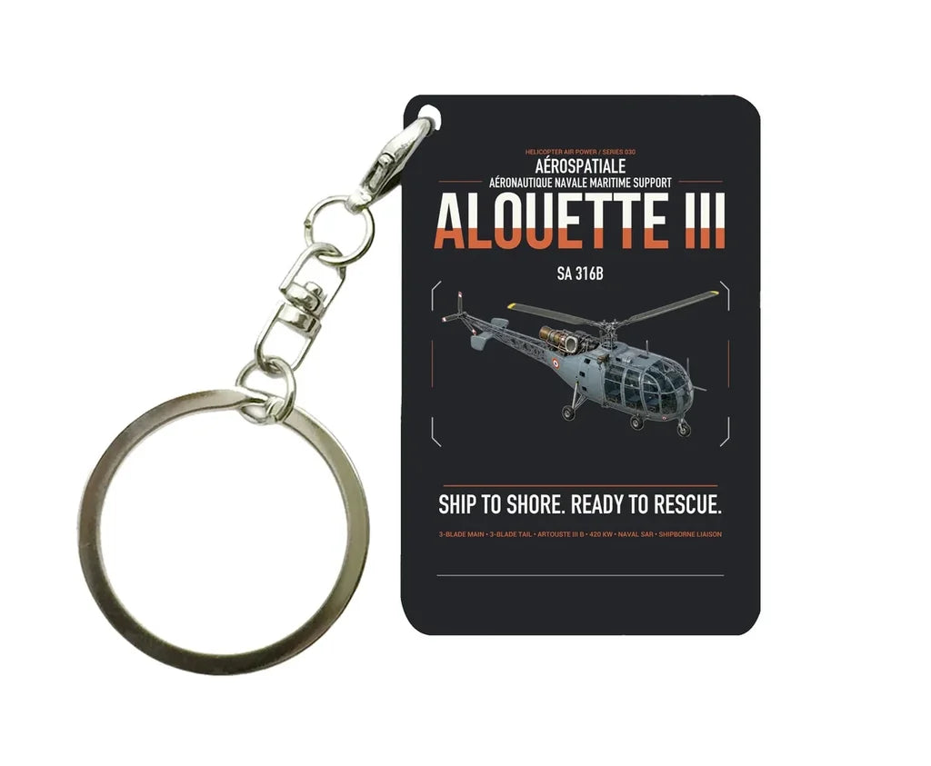 Aérospatiale SA 316B Alouette III design on black designed key chain, double-side print