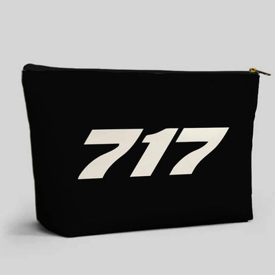 Boeing 717 Flat Text aviation design zipper pouch, durable polyester construction.