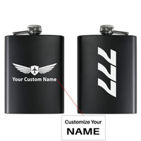 Thumbnail for Boeing 777 Text aviation design on stainless hip flask, compact pocket-size flask.
