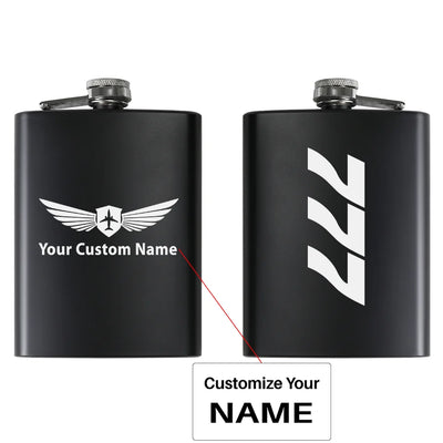 Boeing 777 Text aviation design on stainless hip flask, compact pocket-size flask.