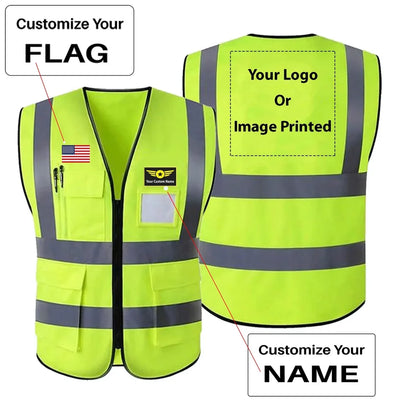 Custom Your Name & Flag & Logo (1) aviation design printed on high-visibility reflective fabric reflective vest.