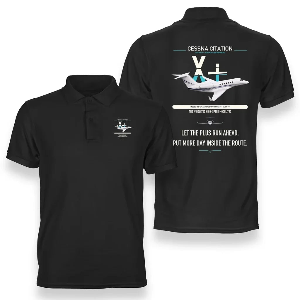 Cessna Citation X+ design on black double-side polo t-shirt, double-side print