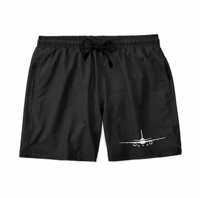 Boeing 757 Silhouette aviation design on quick-dry polyester swim trunks.