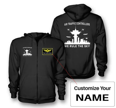 Air Traffic Controllers - We Rule The Sky aviation design on soft cotton blend zipped hoodie.