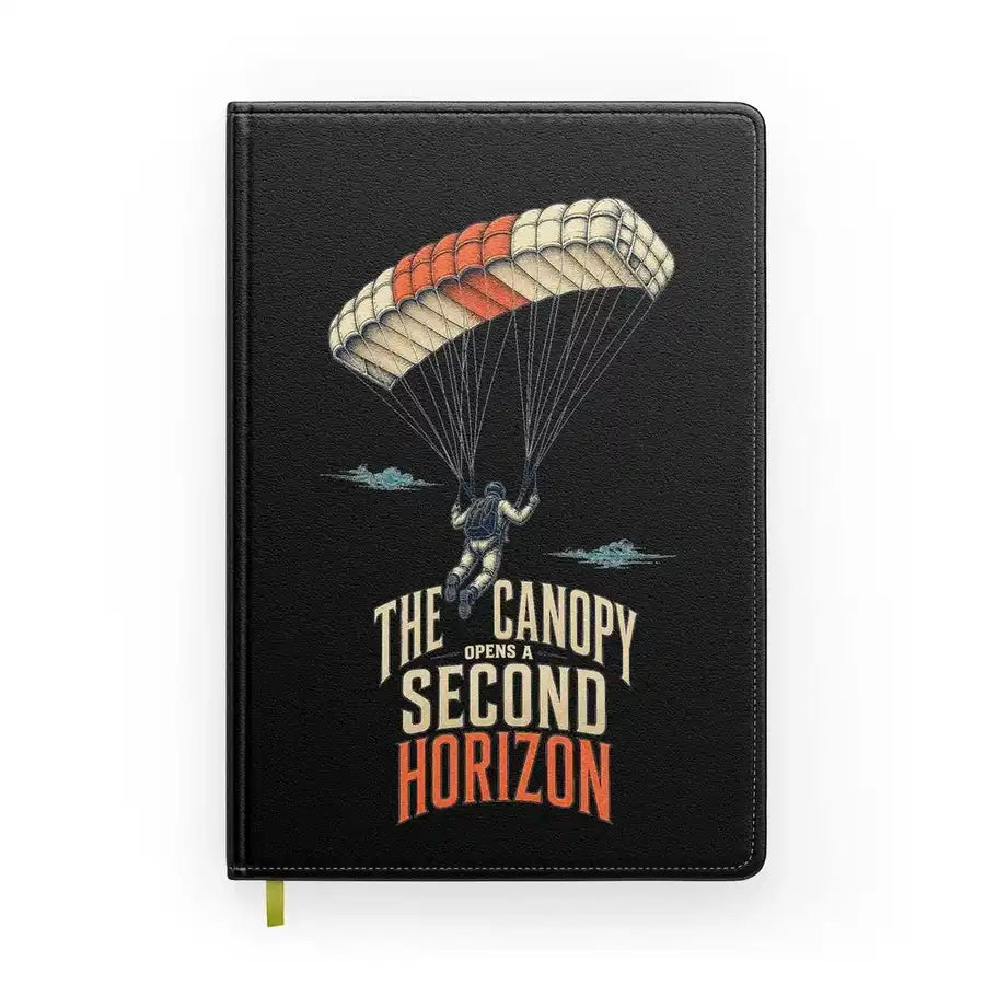 The Canopy Opens A Second Horizon design on black notebook