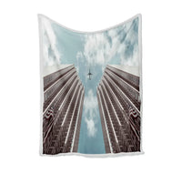 Thumbnail for Airplane Flying over Big Buildings Bed Blankets & aviation print on soft fleece blanket.