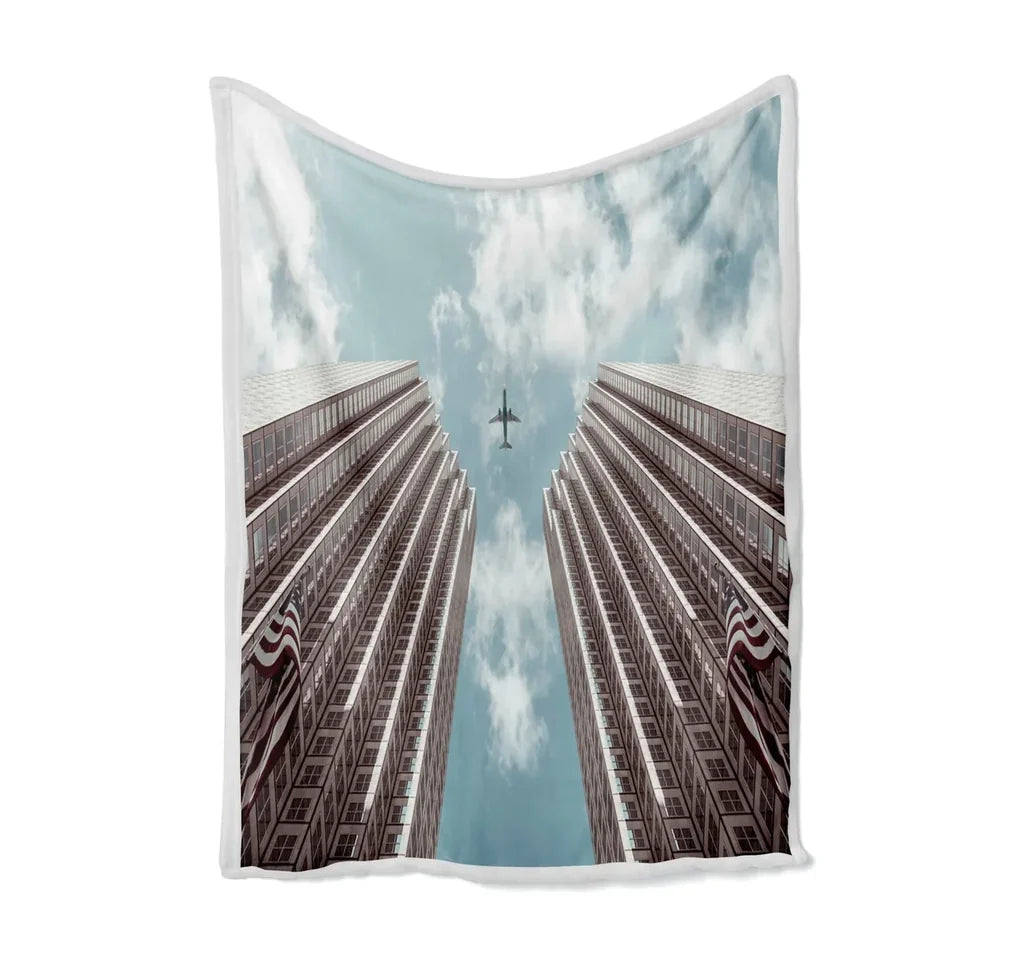 Airplane Flying over Big Buildings Bed Blankets & aviation print on soft fleece blanket.