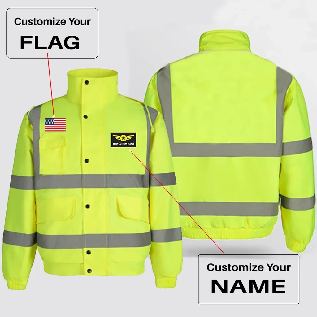 Custom Flag & Name with "Special Badge" aviation design printed on insulated shell with high-visibility reflective panels ref.