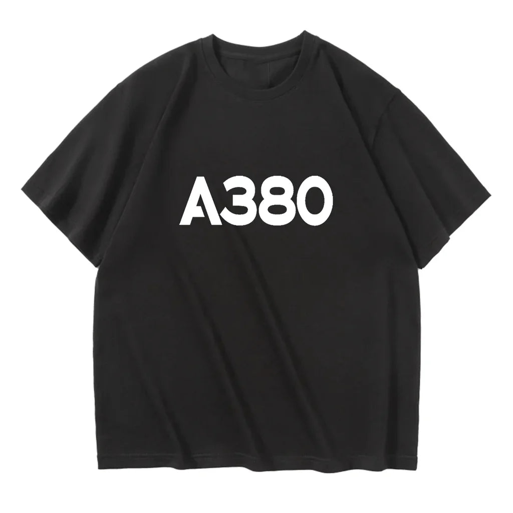 Airbus A380 Flat Text aviation design printed on soft cotton relax-fit T-shirt.