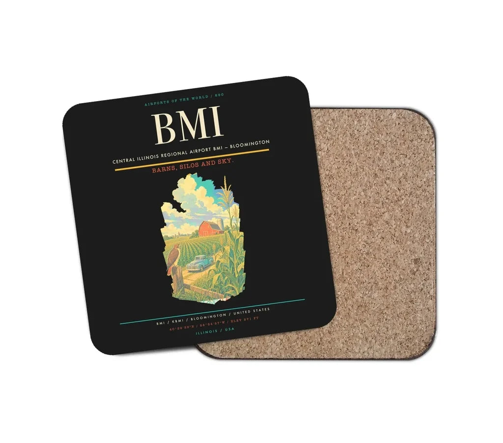 Central Illinois Regional Airport (BMI) design on black 1 piece coaster