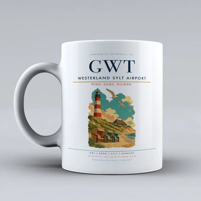 Westerland Sylt Airport (GWT) airport code design on white ceramic mug