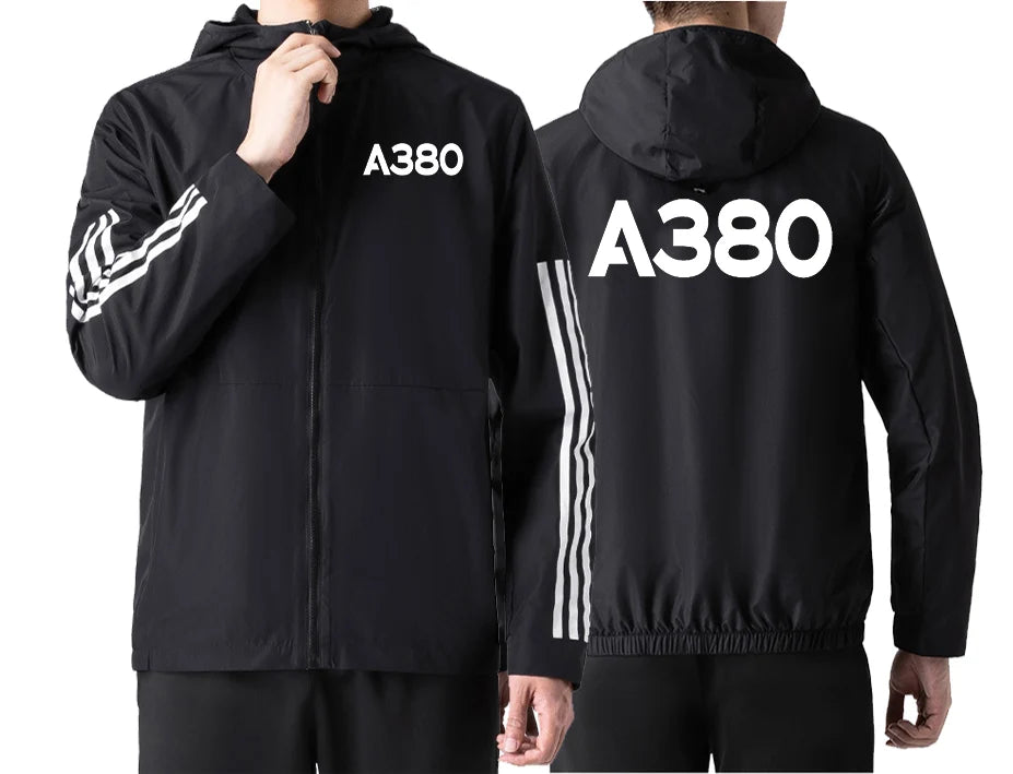 Airbus A380 Flat Text Sport Style aviation design printed on lightweight windproof shell windbreaker.