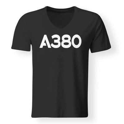 Airbus A380 Flat Text aviation design printed on soft cotton V-neck T-shirt.