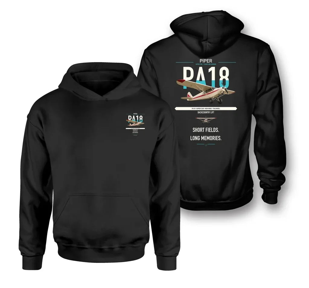 Piper PA-18 Super Cub design on black double-side hoodie, double-side print