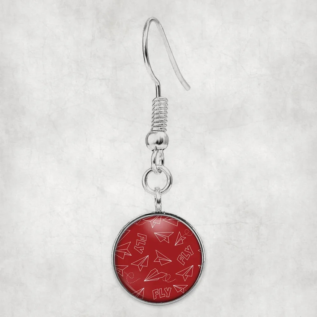 Paper Airplane & Fly (Red) aviation earrings, hypoallergenic alloy body with engraved detail.
