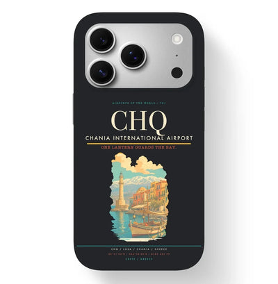 Chania Airport (CHQ) design on black iPhone 17 Pro MagSafe case