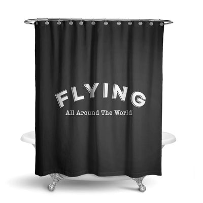 Flying All Around The World aviation design on waterproof polyester shower curtain.