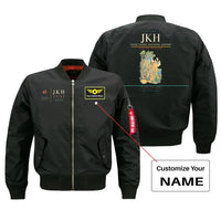 Thumbnail for Chios Island National Airport (JKH) design on black bomber jacket with custom name patch