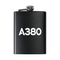 Thumbnail for Airbus A380 Flat Text aviation design on stainless hip flask, compact pocket-size flask.