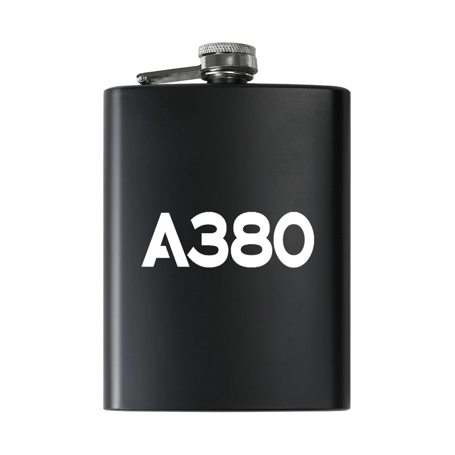 Airbus A380 Flat Text aviation design on stainless hip flask, compact pocket-size flask.