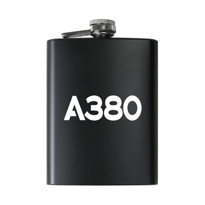 Airbus A380 Flat Text aviation design on stainless hip flask, compact pocket-size flask.