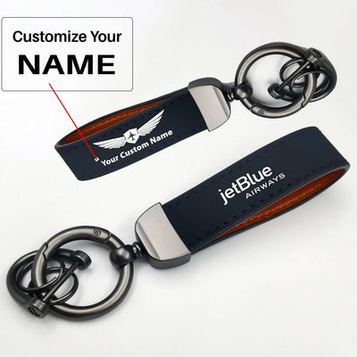 Side view of jetBlue Airways Airlines aviation horseshoe-buckle key chain in polished metal alloy, polished finish.