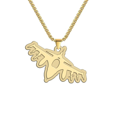 Fighter Jet 16 Silhouette aviation hollow necklace, polished metal body with engraved detail.