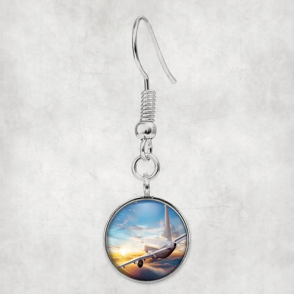Airliner Jet Cruising over Clouds aviation-themed earrings, polished hypoallergenic alloy.