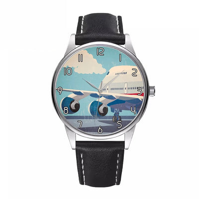 Vintage Boeing 747 aviation-themed watch with leather strap, polished leather strap.