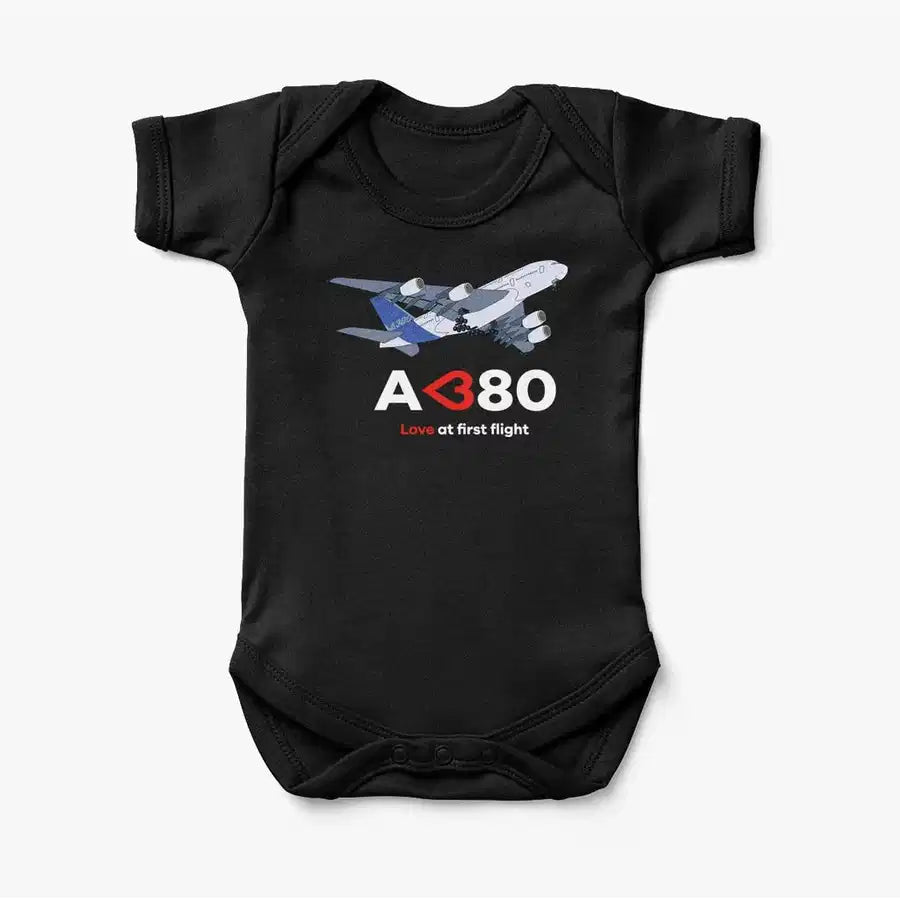 Airbus A380 Love at first flight aviation print on kids gentle cotton bodysuit.