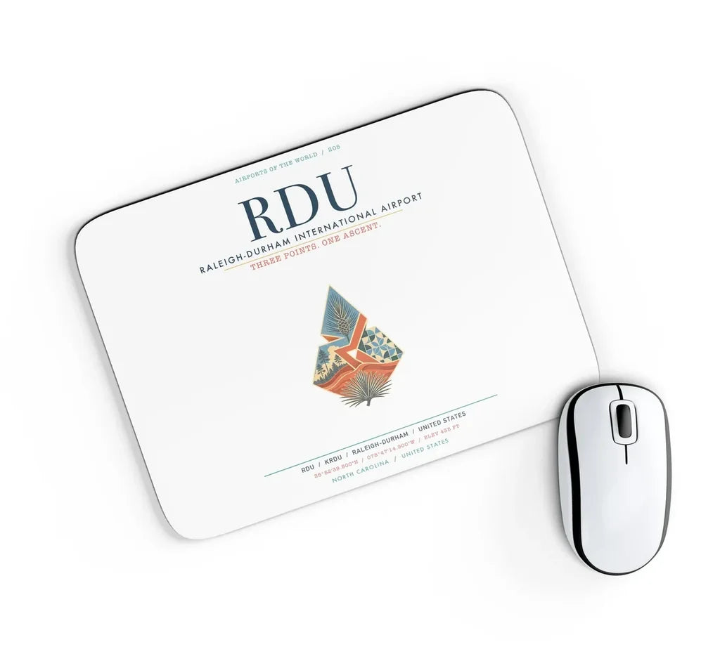Raleigh-Durham International Airport (RDU) design on white rectangle mouse pad
