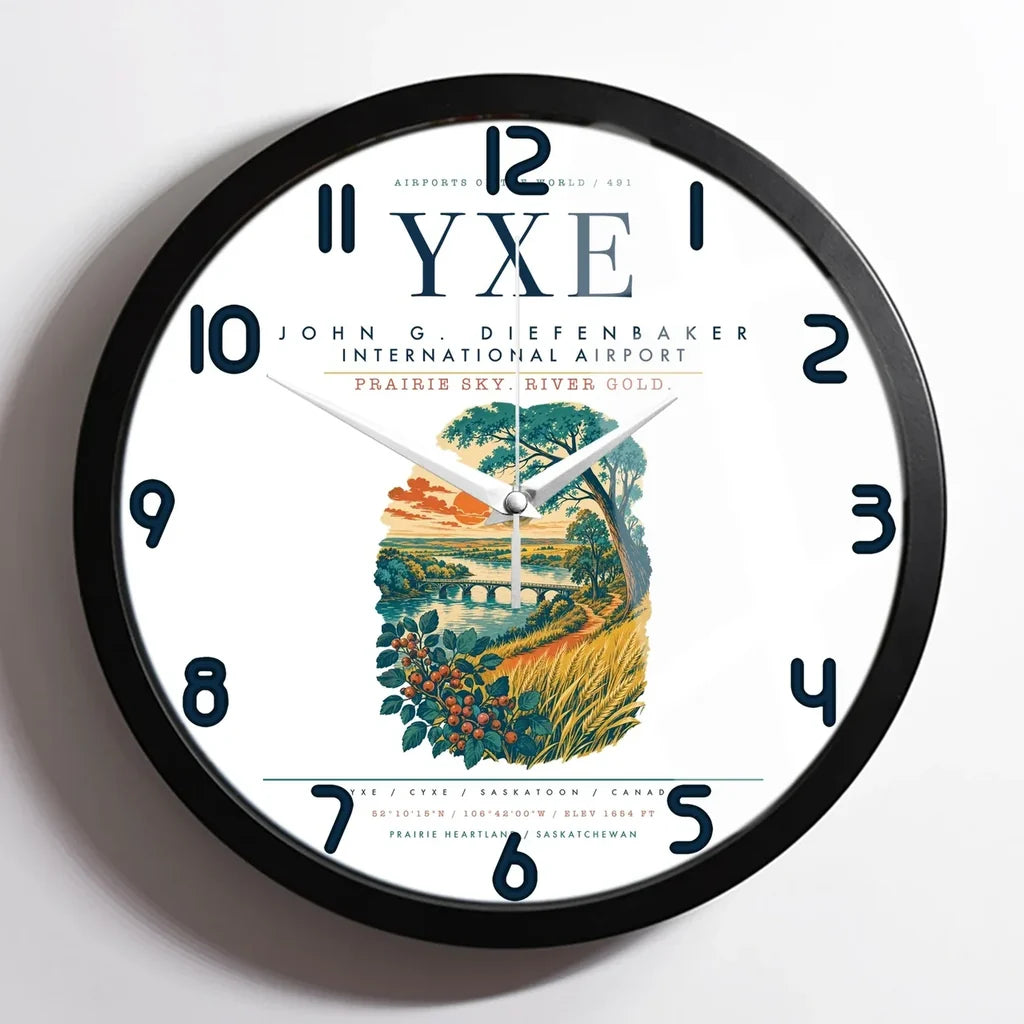 Saskatoon John G. Diefenbaker International Airport (YXE) design on white framed wall clock