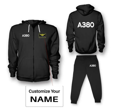 Airbus A380 Flat Text aviation design on soft cotton blend zipped hoodie and sweatpants set.