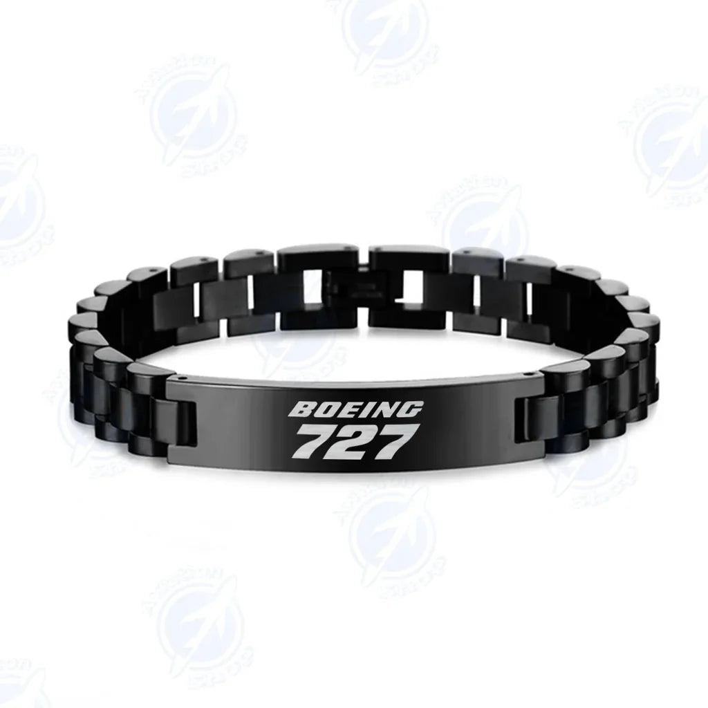Boeing 727 & Text aviation-themed chain bracelet, polished stainless steel.