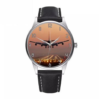 Landing Boeing 747 During Sunset aviation-themed watch with leather strap, polished leather strap.