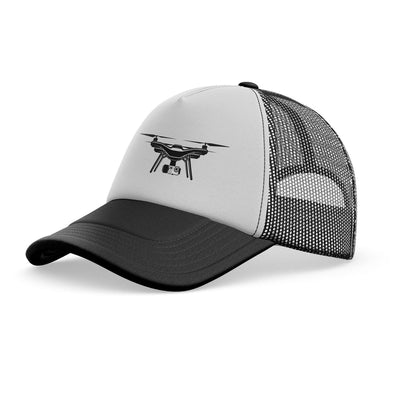 Drone Silhouette aviation embroidery on mesh-back cotton trucker cap.