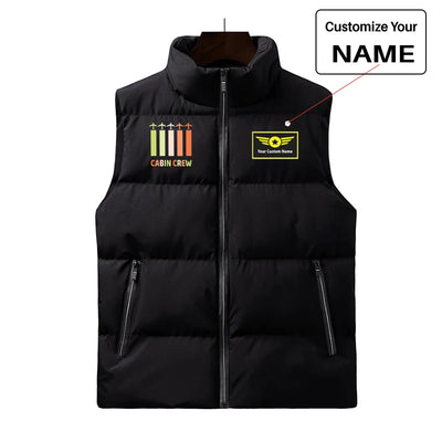 Colourful Cabin Crew aviation design printed on quilted padding with sleeveless design puffy vest.