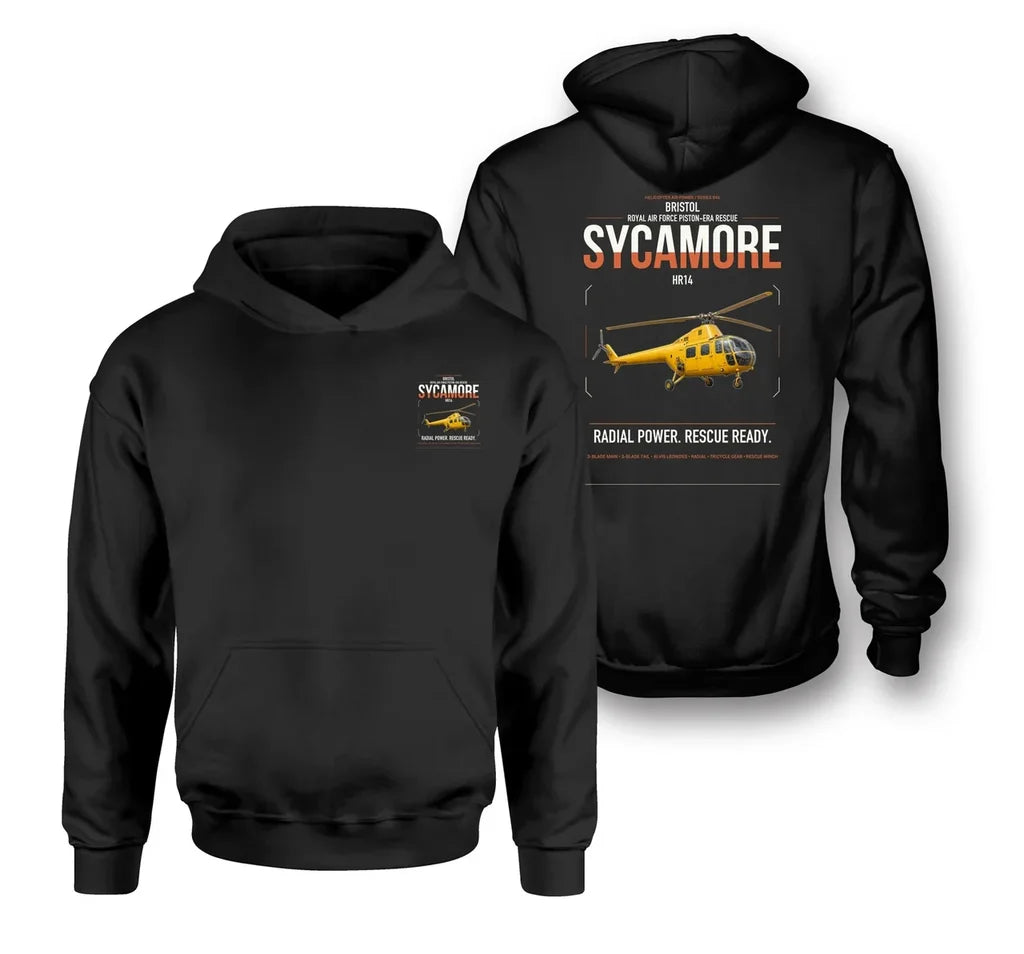 Bristol Sycamore HR14 design on black double-side hoodie, double-side print
