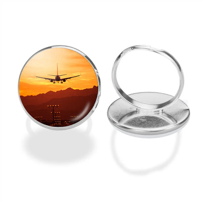 Landing Aircraft During Sunset aviation ring in stainless steel.