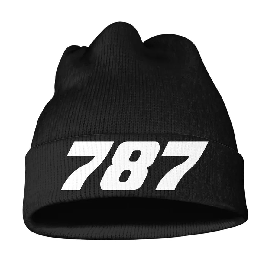 Boeing 787 Flat Text aviation embroidery on soft knit fabric 3D knit beanie.