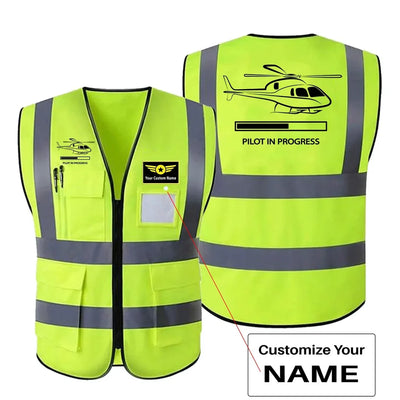 Pilot In Progress (Helicopter) aviation design printed on high-visibility reflective fabric reflective vest.