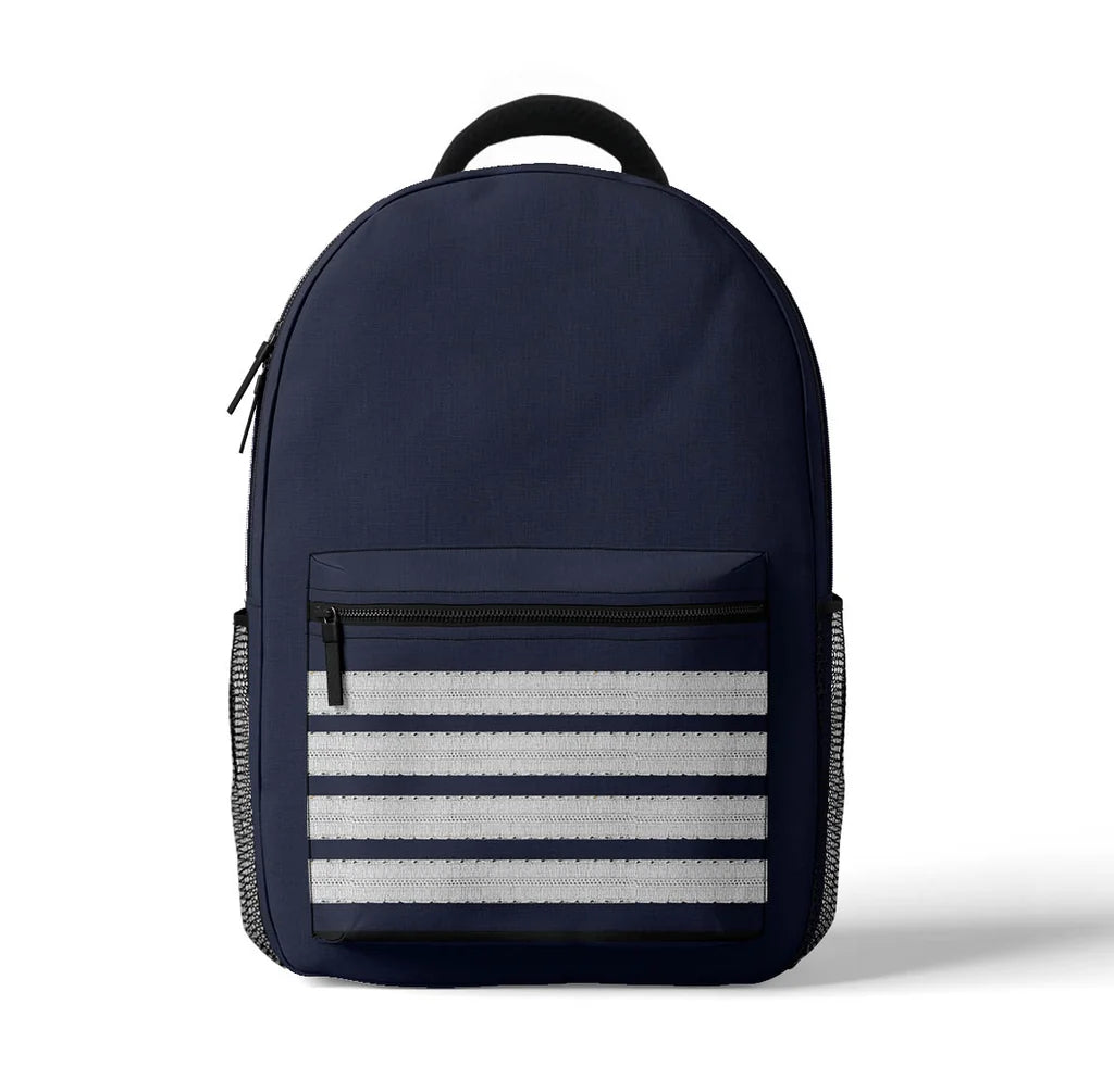 Silver Pilot Epaulettes (2,3,4 Lines) aviation print backpack, durable polyester.